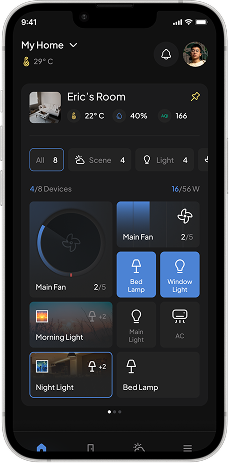 The final home screen: a large room card with temperature, humidity and AQI, and its controls