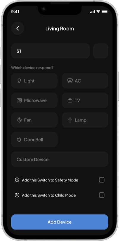 Setting up a switch, with options to add it to Safety Mode and Child Mode