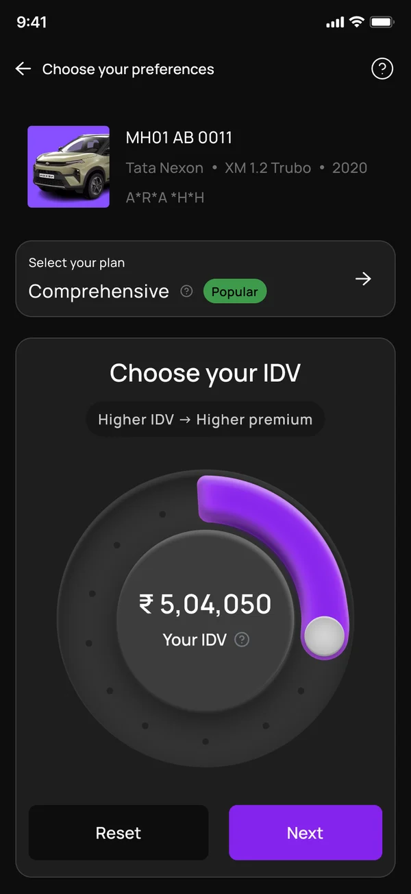 The first version: a large IDV dial under a small plan row