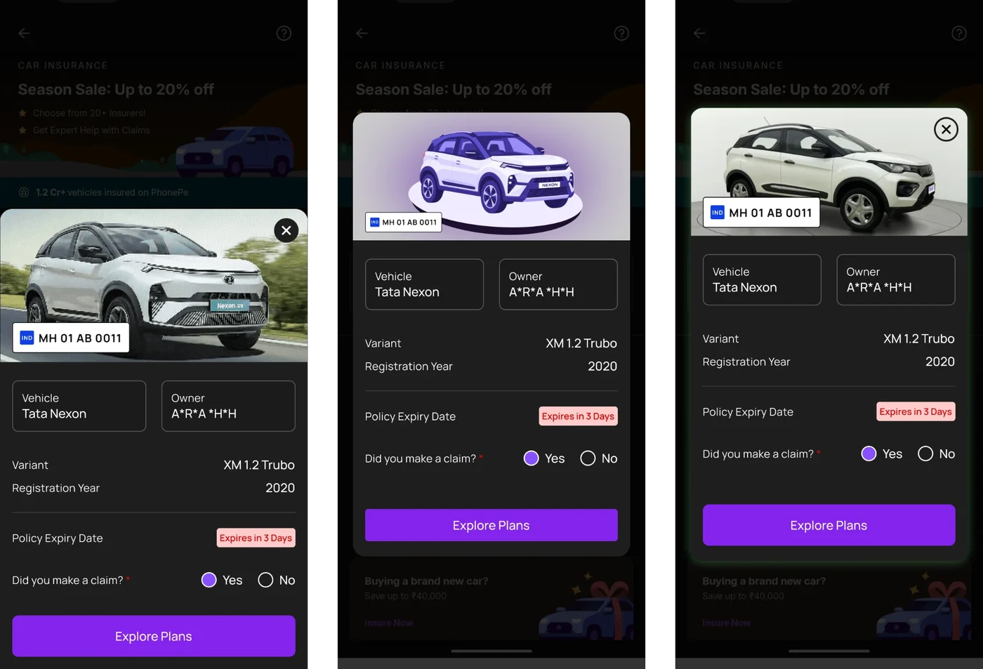 Three versions of the confirm screen: a real photo with its background, an illustrated car on a podium, and a cut-out car with a glow