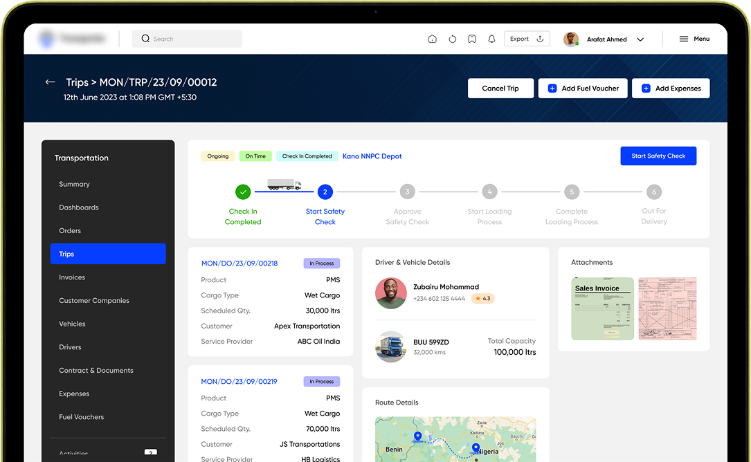 The portal's trip page: two orders on one truck, the driver, and the route